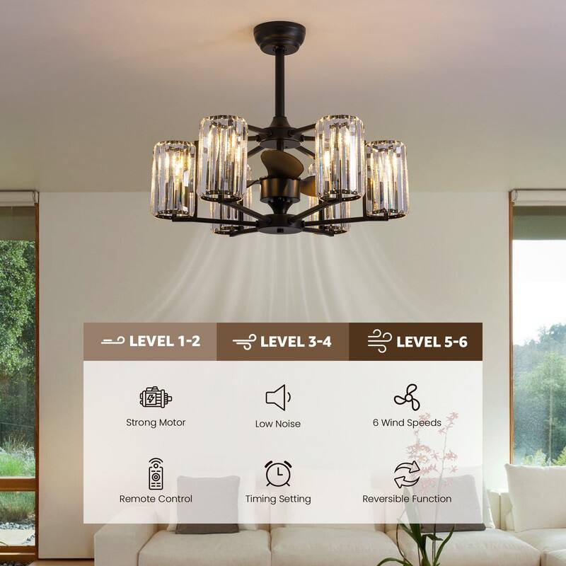 27" Crystal Ceiling Fan with Light and Remote Control 6-Light Black Caged Fandelier Luxury Ceiling Fan for Living Room Kitchen