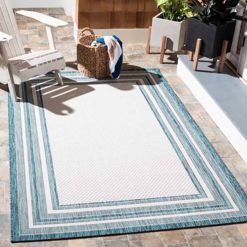 SAFAVIEH Courtyard Vickie Indoor/ Outdoor Waterproof Patio Backyard Rug - 2'7" x 5' - Ivory/Teal