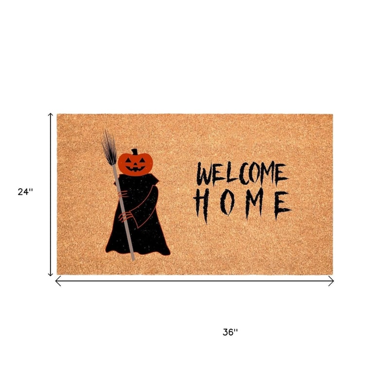 HomeRoots 24" X 36" Natural And Brown Spooky Pumpkin Halloween Welcome Outdoor Coir Door Mat - 24.00' X '36.00