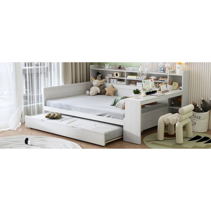 Wooden Full Size Daybed with Twin Trundle and Study Desk, Multi-functional Design with Storage Shelves, Bedroom Furniture