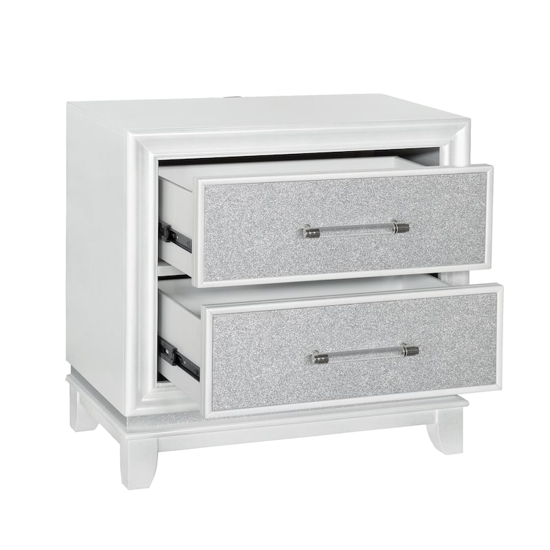 2-Drawer Bedroom Nightstand with LED Lights, Pearlized White