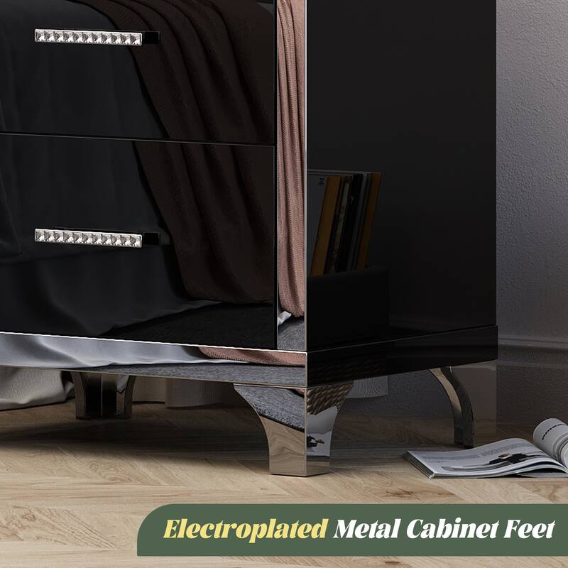 High Gloss Mirrored Nightstand with 2 Drawers,Modern End Table with Drawers,Mirrored High Gloss Wood Nightstand Metal Handle