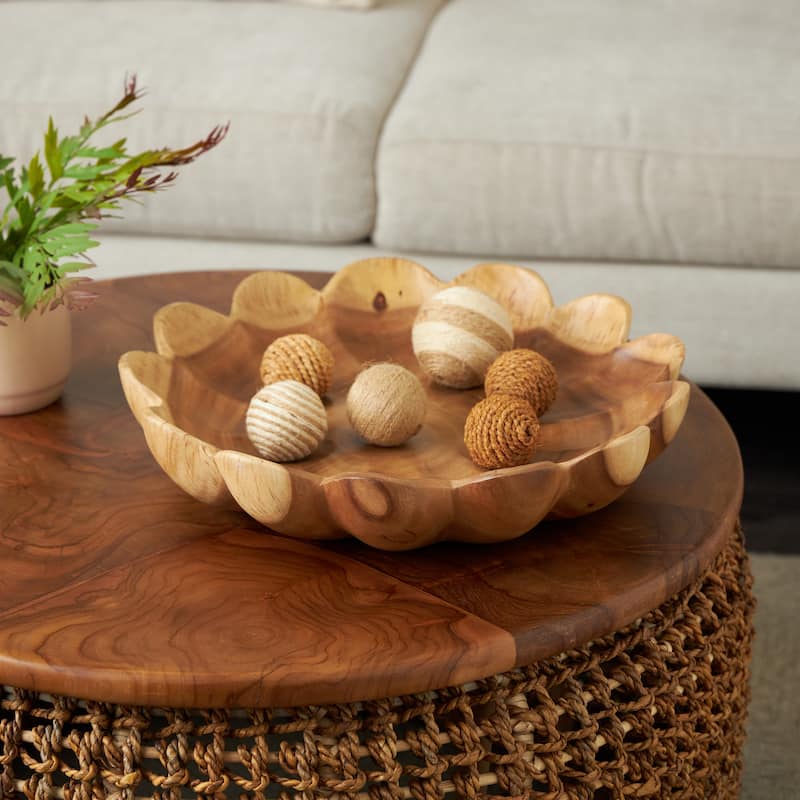 Teak Wood Floral Handmade Decorative Bowl with Light Brown Tones - Brown - Roche River Decor - 17"W x 17"L x 4"H