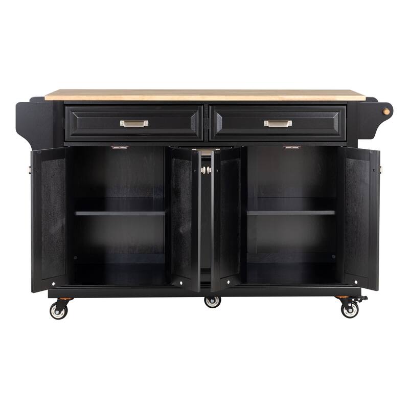 Kitchen Island with Rubber Wood Top, Portable Island Cart on Wheels, Rolling Cart with 2 Drawers & Adjustable Shelves