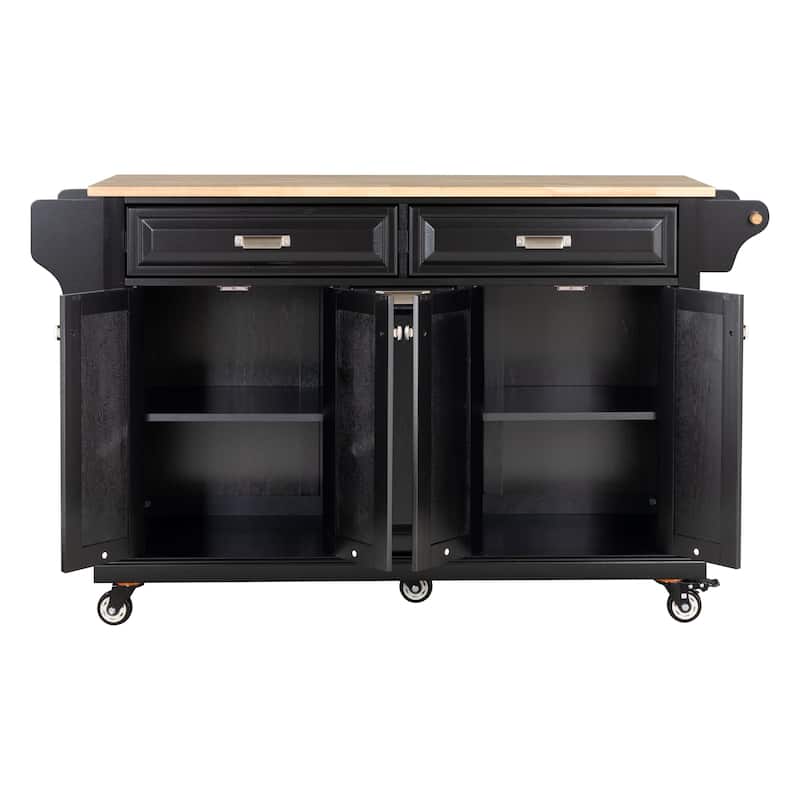 Kitchen Island with Rubber wood Countertop, Kitchen Cart on 5 Wheels with Storage Cabinet and 2 Top Drawers