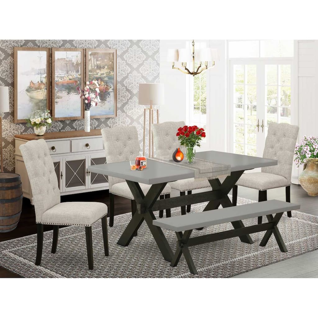 HomeStock 6-Pc Rectangle Natural Oak Finish Solid Wood Top Dining Table with 1-Bench, 4-Chairs