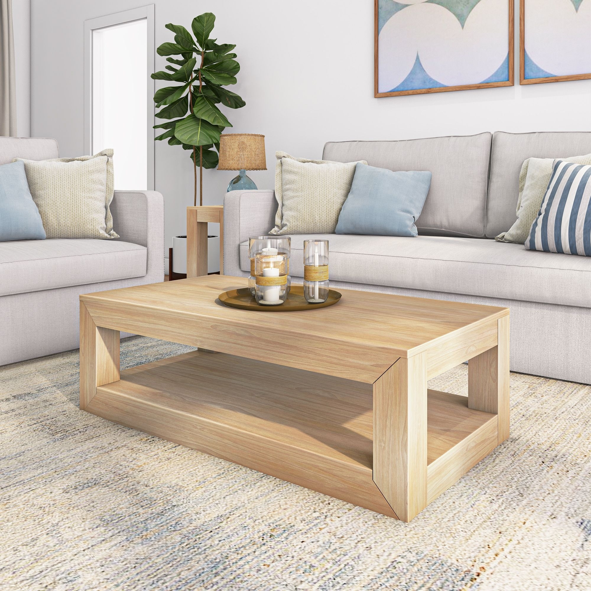 Modern 48-inch Rectangle Wood Coffee Table with Shelf
