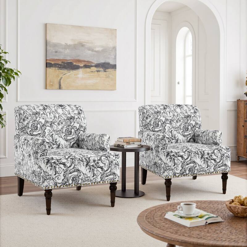 Set 2 Striped Upholstered Linen Armchair with Brass Nailhead Trim - ROCOCO - Black