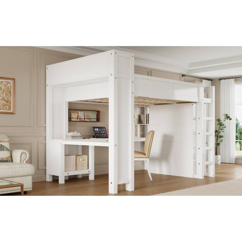 Roomfitters Queen Loft Bed with Wardrobe, Desk, Storage Headboard and USB