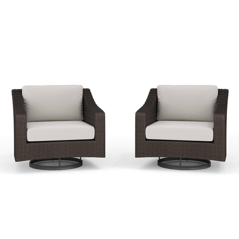 Martha Stewart 2PK Outdoor Rattan Wicker Swivel Chairs with All-Weather Cushions - 32"W x 34"D x 30"H - Tan Cushions/Brown Frame