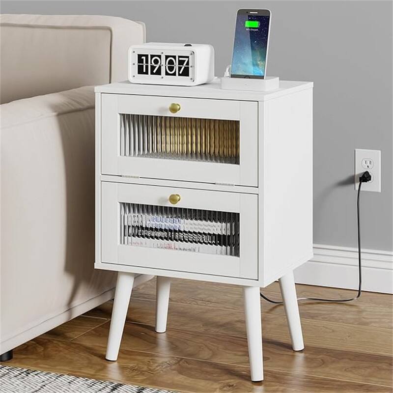 Nightstand with Charging Station - White