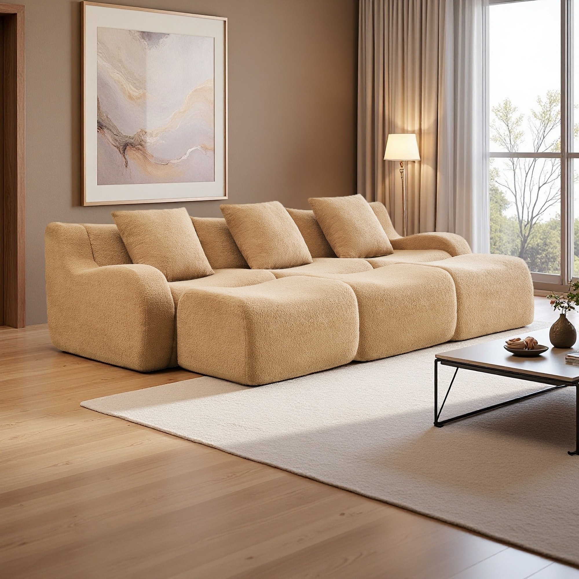 115.3" Teddy Fabric Modular Sectional Sofa with Chaise, Ergonomic, No Assembly