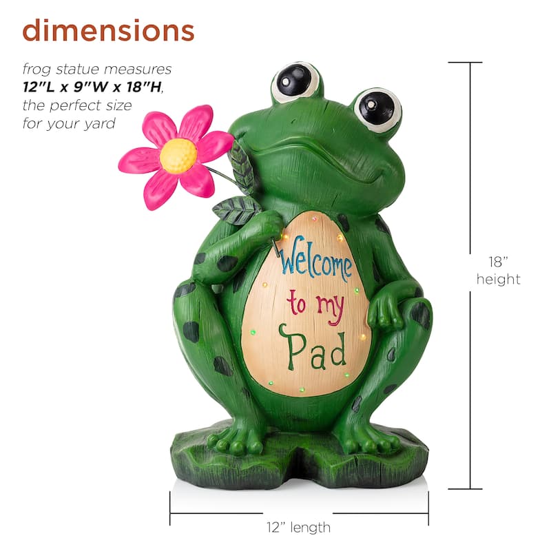 Alpine Corporation 18" Tall Outdoor Frog with Color Changing LED Lights and Welcome Sign Yard Statue