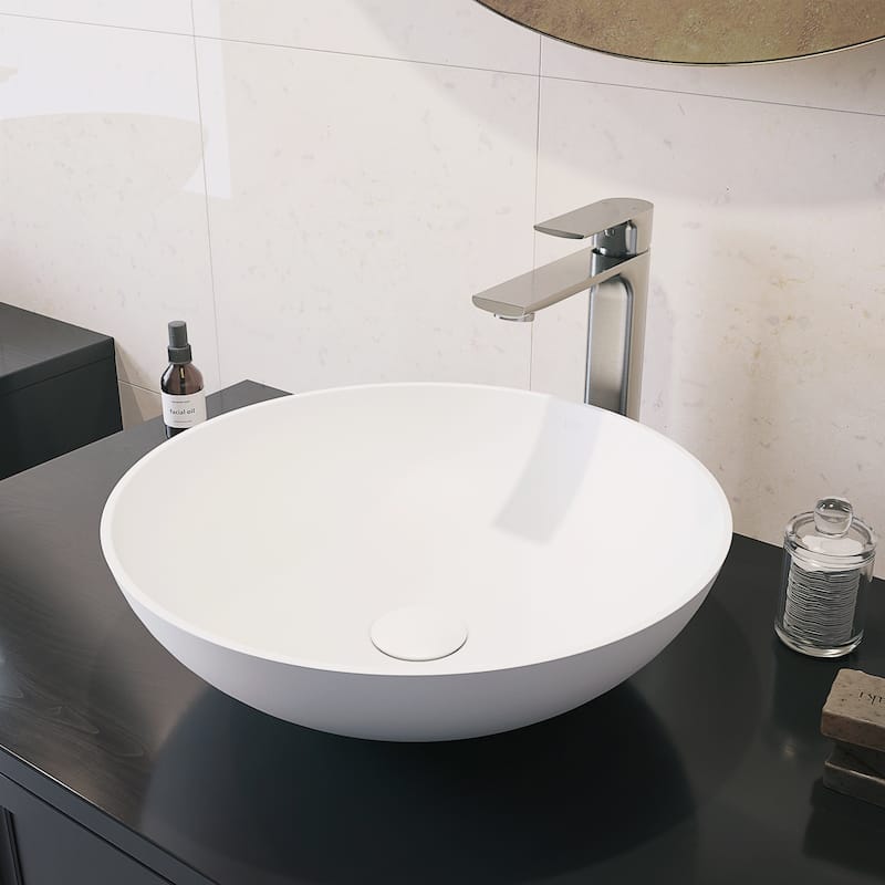 VIGO Lotus 16"L x 16"W x 5"H Matte Stone Round Bathroom Vessel Sink