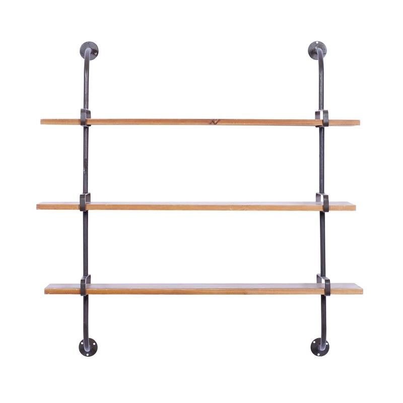 3 Level Wood Wall Shelf with Black Metal Brackets - Brown or Gray