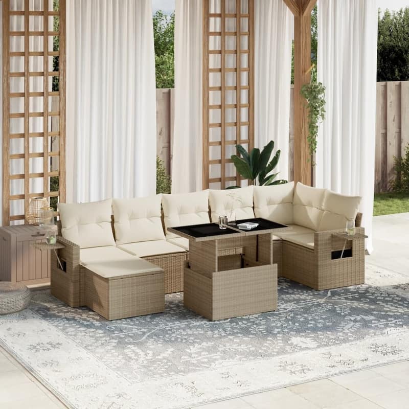 vidaXL Patio Sofa Set with Cushions Outdoor Furniture 8 Piece Poly Rattan - Beige and Cream-without storage - 21.7 x 39.4 x 27.2