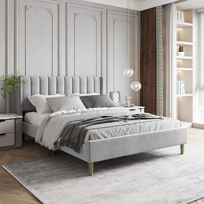 Queen Size Upholstered Bed Frame with Headboard Mattress, Light Grey