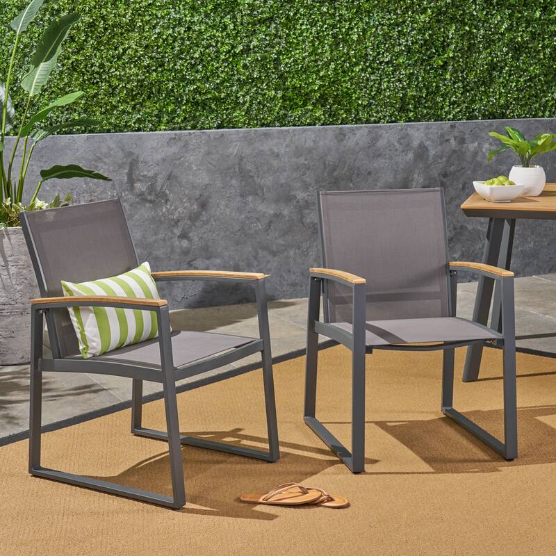 Roomfitters Outdoor Patio Chairs with Mesh Back and Wood Armrests, Stackable Metal Frame, Set of 2