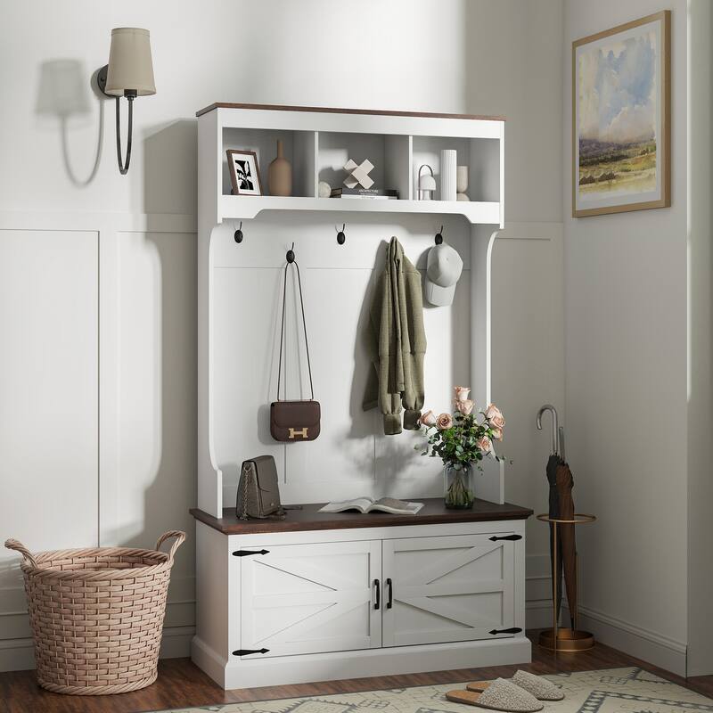 White and Oak MDF Hall Tree Bench with Shoe Storage and Steel Hooks - 41.3" W x 15.7" D x 70.9" H