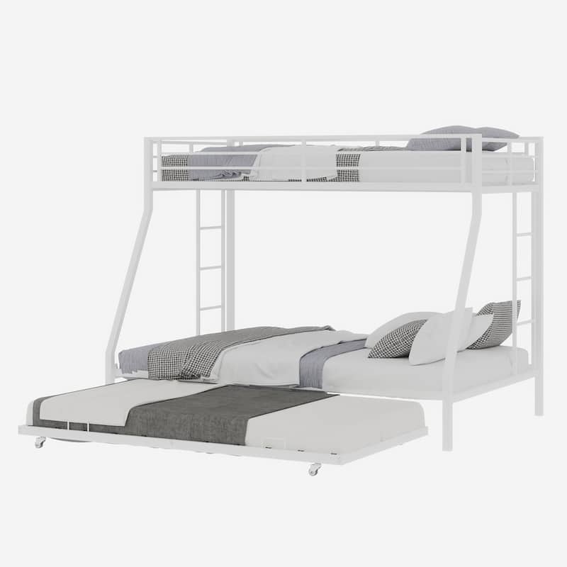 Modern Square Tube Bunk Bed with Ladder and Rolling Trundle Bed