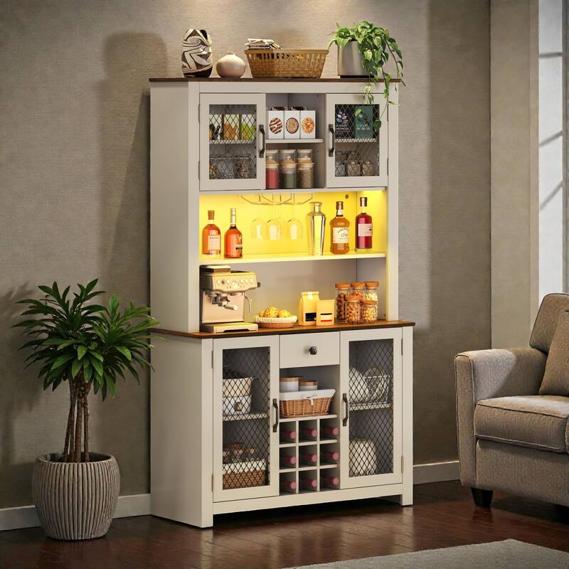 Rustic 70.9" Kitchen Hutch Pantry with LED Lights, AC/USB Outlets, Wine Bottle Rack, Glass Storage and Adjustable Shelves