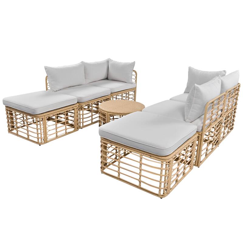 7 Pieces Outdoor Patio Furniture, with Thick Cushions & Pillows, All-Weather Rattan Sectional Sofa Set wRound Coffee Table
