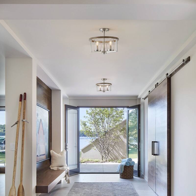 Farmhouse Semi Flush Mount Ceiling Light Rustic 3 Light Brushed Nickel Fixture with Clear Glass Shades