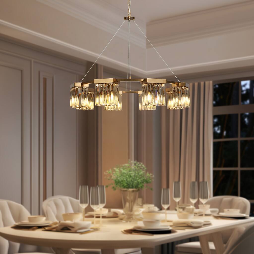 Modern 8-Light Gold Crystal Wheel Chandelier for Living Dining Room - D 31.5" x H 85.7"