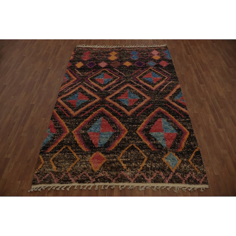 Hand Knotted Oriental 100% Wool Carpet Modern Tribal Brown Moroccan Area Rug - 10' 6'' X 6' 10''