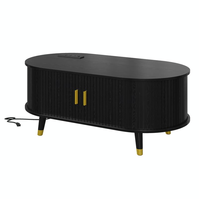 42.5" Mid-Century Oval Coffee Table – Solid Wood Fluted Design with Sliding Tambour Door & Built-In Charging Station.