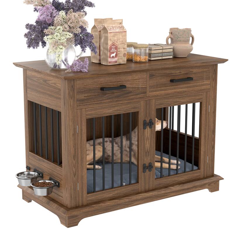 Anmytek 44.48" Large Dog Crate Furniture 3 in 1 End Table with 2 Storage Drawers and Rotating Bowls