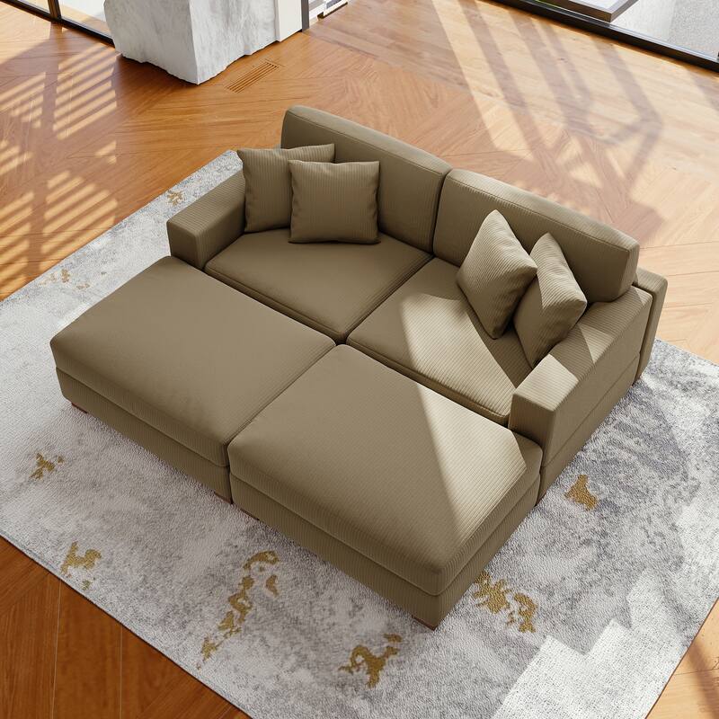 Modular Corduroy Sectional Sofa Set Chaise Couch with Ottoman