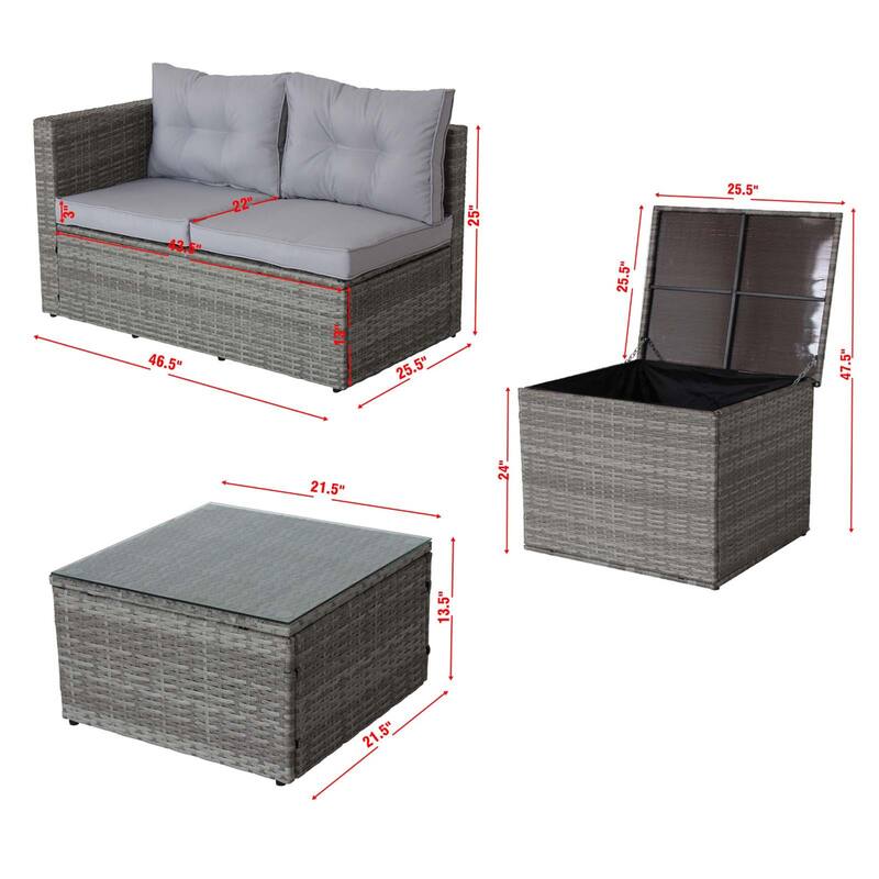 4-Piece Rattan Patio Conversation Set with Storage Box and White Cushions