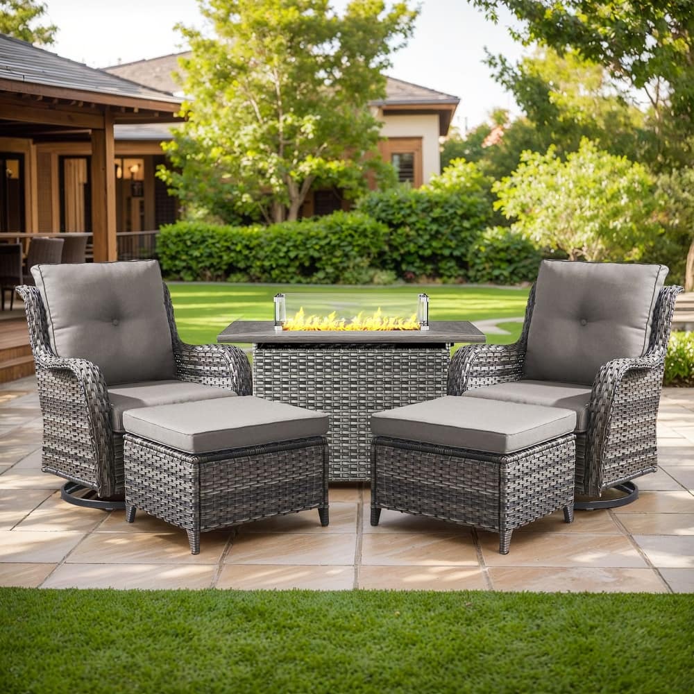 Gymojoy 5-Piece Outdoor Furniture Set, 2 Swivel Glider Chairs, 2 Ottomans & 55K BTU Fire Pit Table