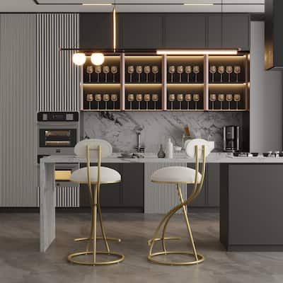 Metal Frame Round Bar Stool Set of 2, Armless Velvet Barstools w/Upholstered Back Counter Chair for Dining Room, Kitchen Island