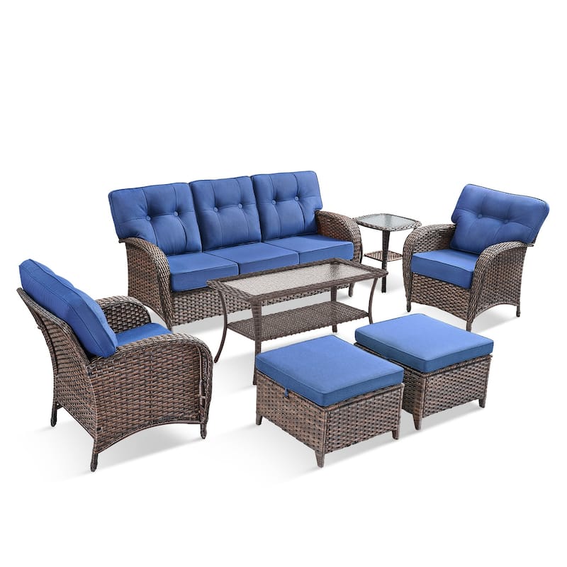 Pocassy 7 Piece Ooutdoor Sofa with Patio Chair Ottoman Table