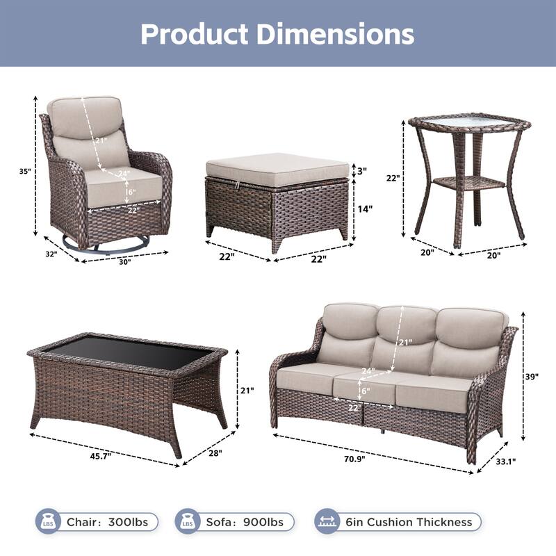 Meyreso 7-Piece Wicker Patio Conversation Set with Swivel Gliders and 6-Inch Thick Cushions