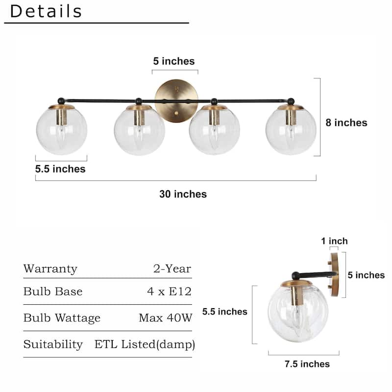 Modern 4-Light Black Gold Bathroom Vanity Lights with Globe Glass Shades