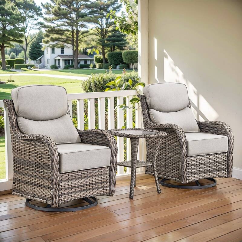 Arcadia 3-Piece Wicker Patio Swivel Glider Chairs with 6-Inch Thick Cushions and Side Table - Beige Cushions - Gray Wicker