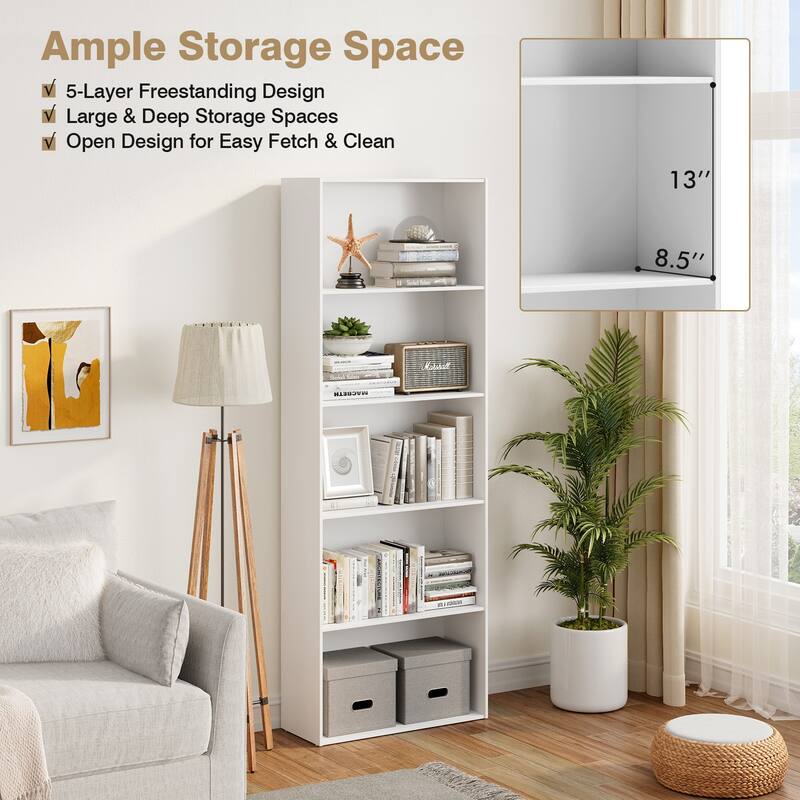 5-Shelf Multi-Functional Wood Bookcase for Home Office - 23.5" x 9.5" x 67"