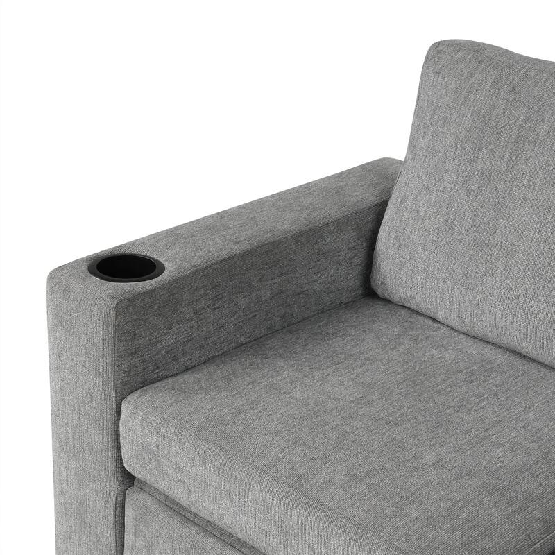 109.1" Gray Chenille Convertible Sofa Bed with Storage Ottoman, USB Ports & Cup Holders