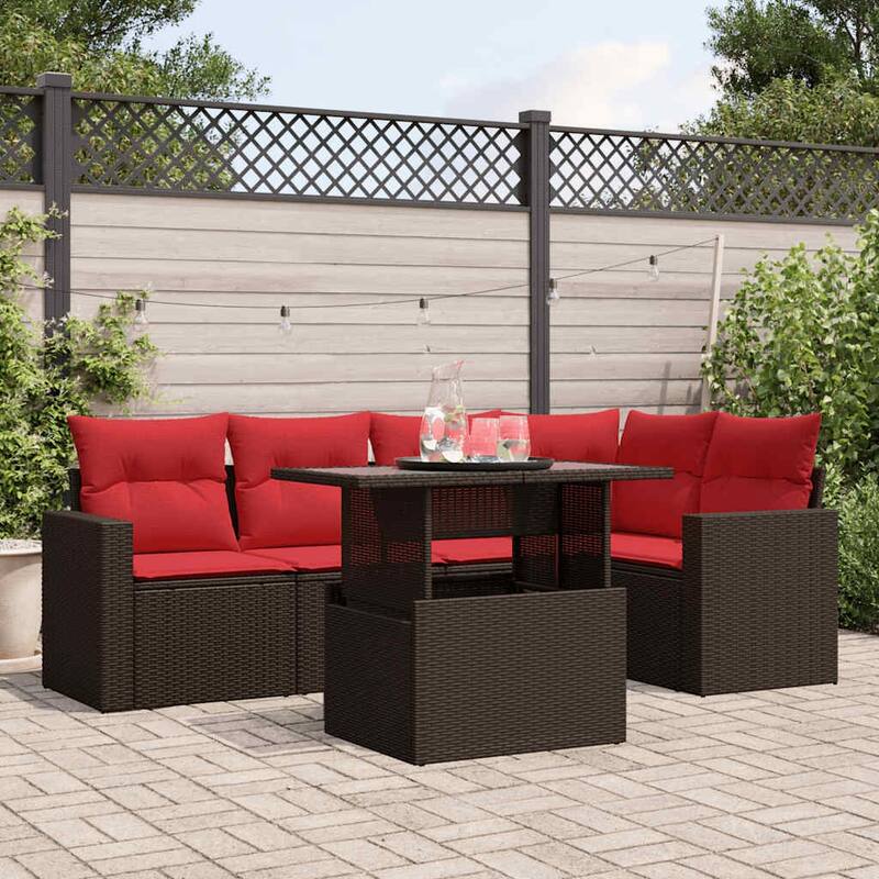 vidaXL 6 Piece Patio Sofa Set with Cushions Black/Brown/Gray Poly Rattan - Brown without storage