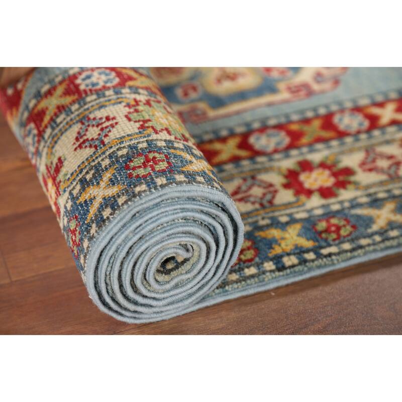 Light Blue Kazak Runner Rug Handmade Traditional Wool Carpet - 2'9" x 9'9"
