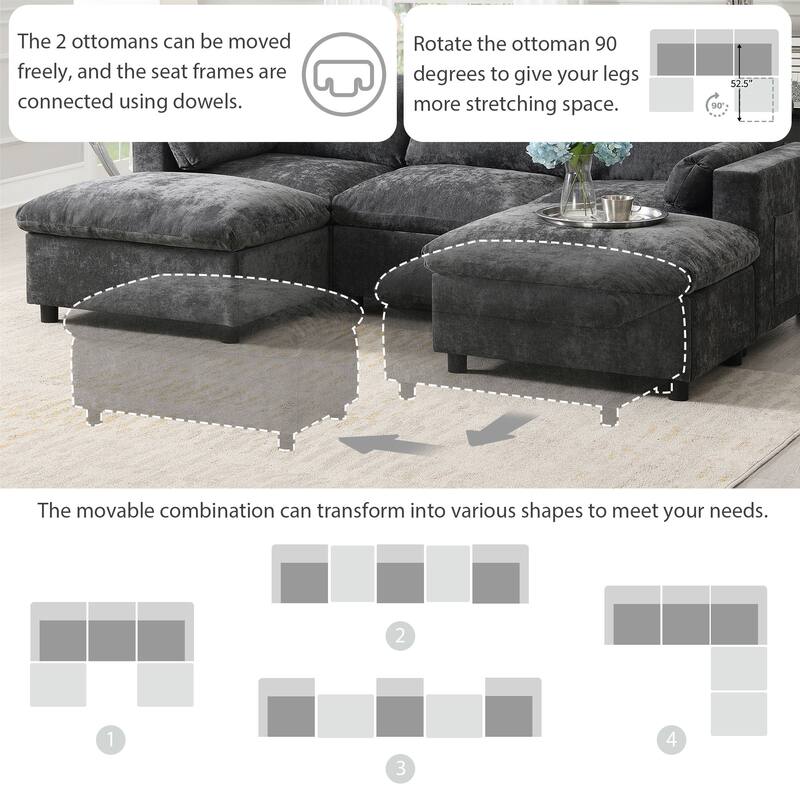 86.5" Chenille Modular Sectional Sofa with Storage Pockets, 5-Seater U-Shaped Couch Set amd 2 Movable Ottomans