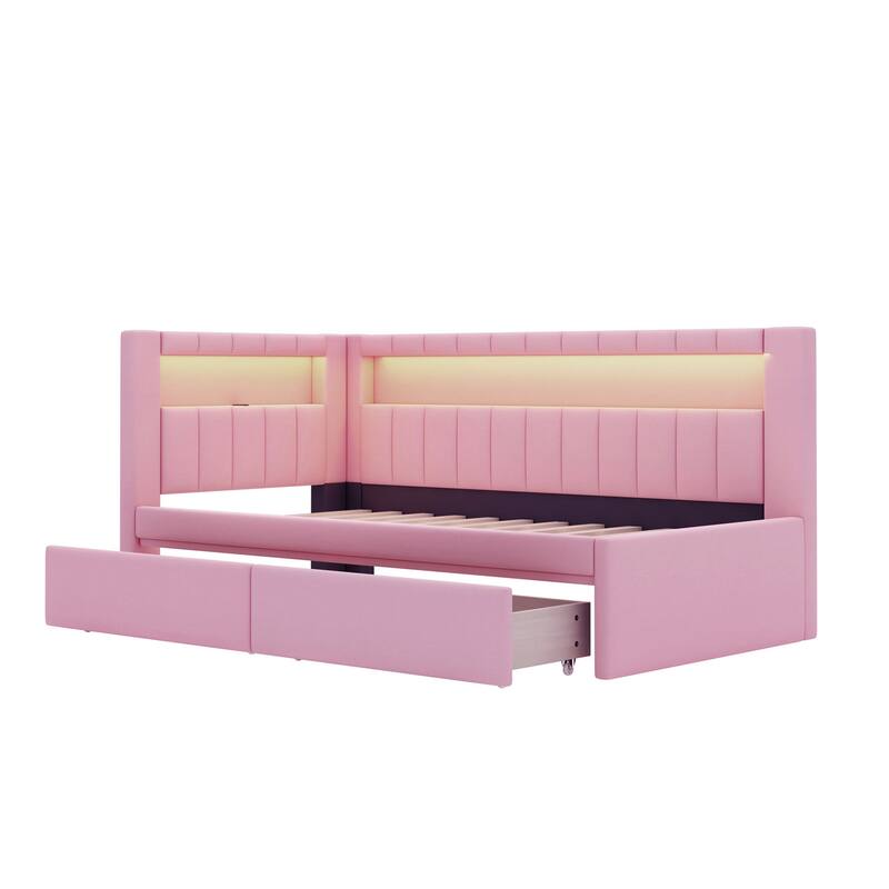 Twin Size Platform Bed with USB Ports, LED Lighting, and 2 Drawers in Pink