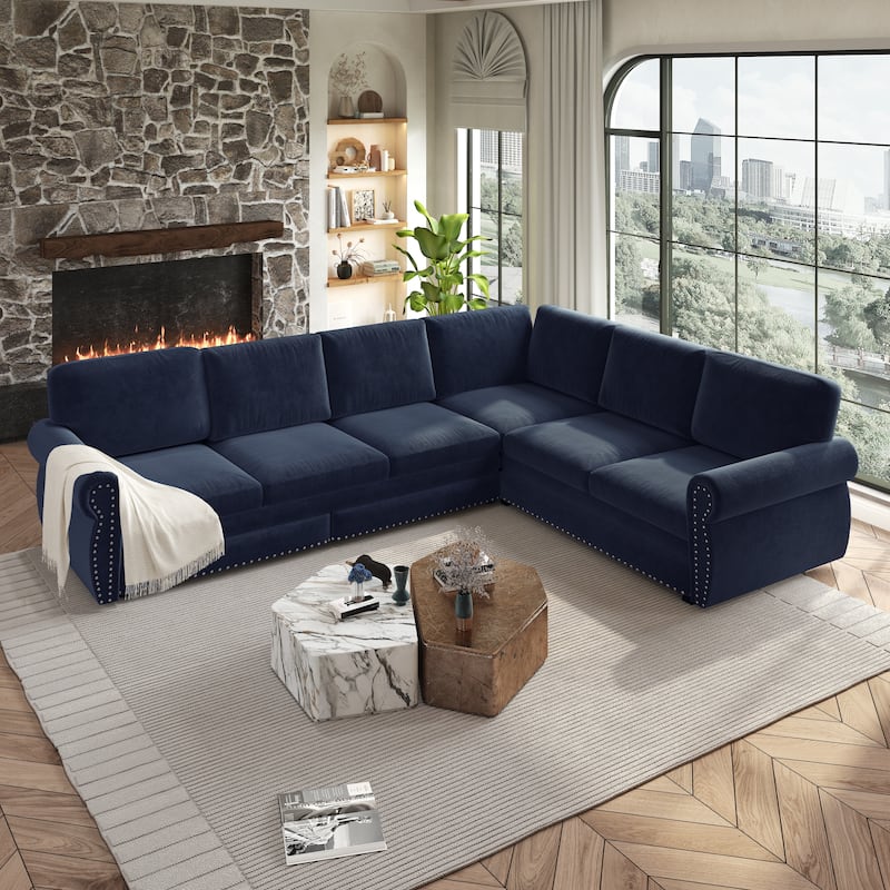 L-Shaped Sectional Sofa with Pull-Out Bed, Oversize Convertible Sleeper Sofa with Rolled Arms, Chenille Upholstery