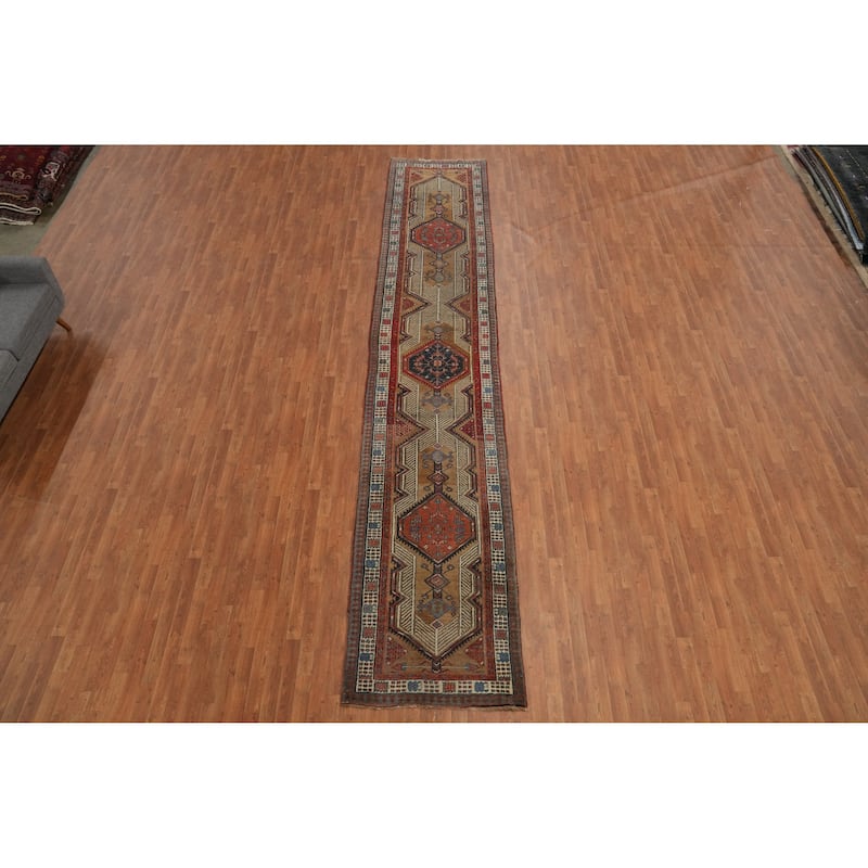 Hand Knotted Oriental 100% Wool Carpet Traditional Geometric Brown Sarab Runner Rug - 17' 10'' X 3' 4''