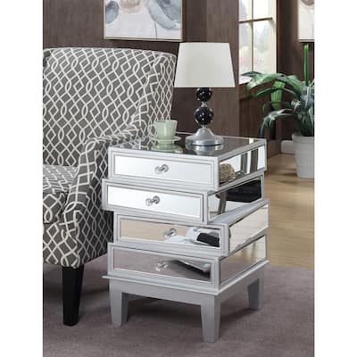 Mirrored End Table with Four Drawers, Contemporary Accent Table with Crystal Knobs and Glass Panels for Living Room Storage