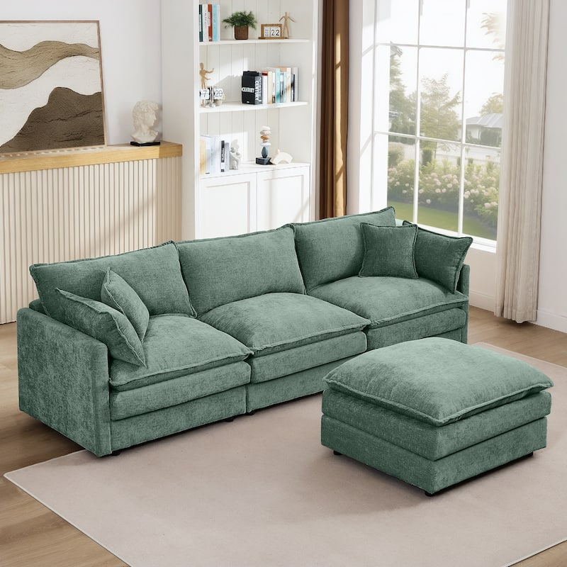 L Shaped Modular Sectional Sofa with Movable Ottoman, Comfy Chenille Upholstered Cloud Sofa, 3 Seater Sofa with Pllows