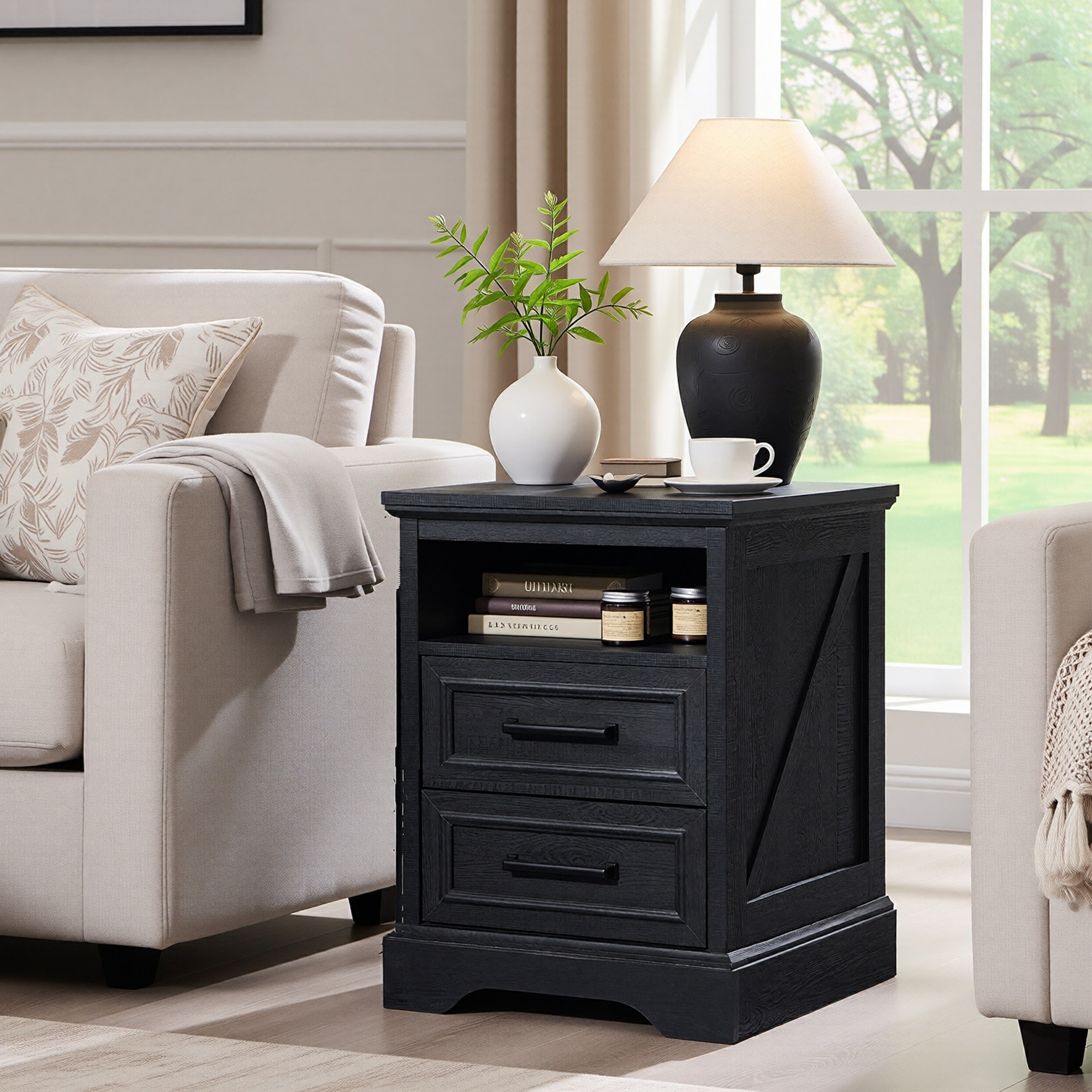 Modern Side Table with Charging Station, Nightstand, End Table